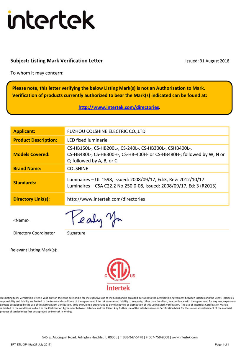 ETL-Zertifikat für feste LED-Leuchten