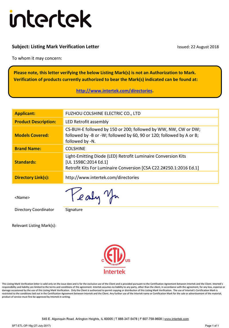 ETL-Zertifikat für LED-Nachrüstmontage